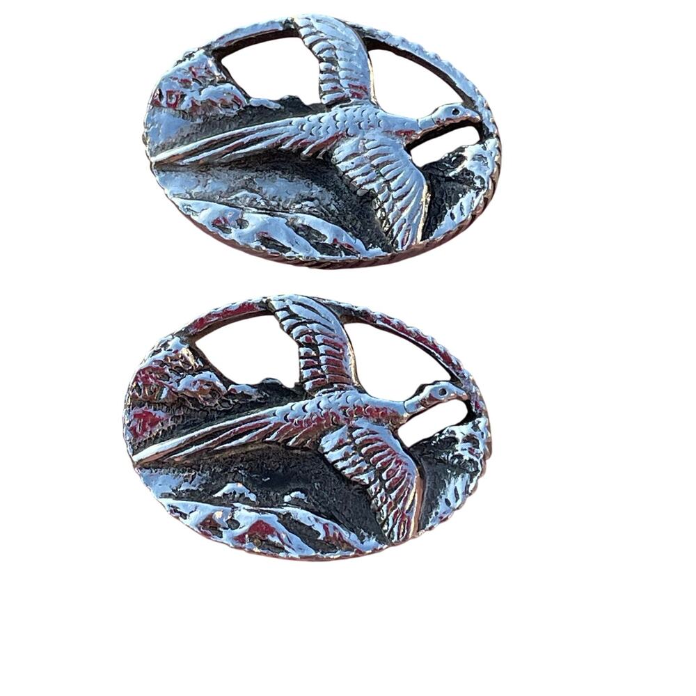 Vintage Silver-Tone Flying Pheasant Cufflinks Wildlife Hunting Bird Swivel Bar